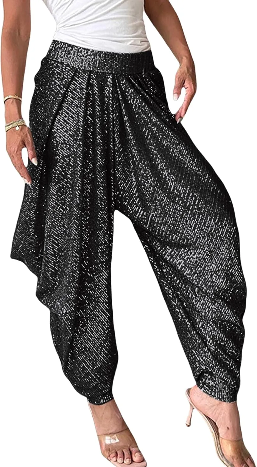 Women's Sequins Lantern Tapered Harem Pants Bling Trousers Baggy Slacks Sparkle Dance Palazzo Hippie Pants