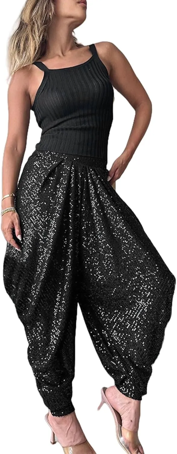 Women's Sequins Lantern Tapered Harem Pants Bling Trousers Baggy Slacks Sparkle Dance Palazzo Hippie Pants