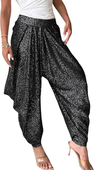 Women's Sequins Lantern Tapered Harem Pants Bling Trousers Baggy Slacks Sparkle Dance Palazzo Hippie Pants