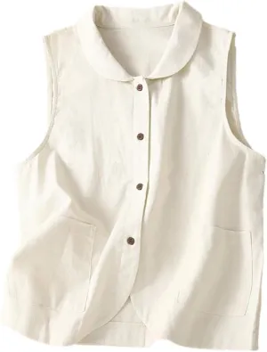 Women's Short Cotton And Linen Vest Double Pocket Stand Collar Sleeveless Vest Jacket