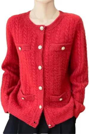Women's Single Breasted Wool Cardigan Casual Round Neck Cardigan Cable Knit Sweater