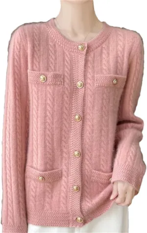Women's Single Breasted Wool Cardigan Casual Round Neck Cardigan Cable Knit Sweater