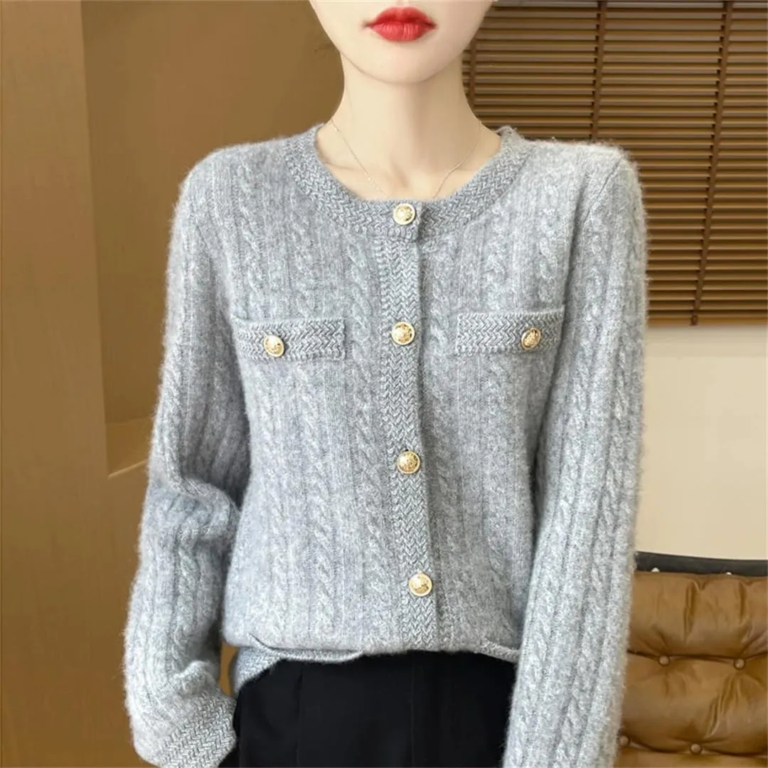 Women's Single Breasted Wool Cardigan Casual Round Neck Cardigan Cable Knit Sweater