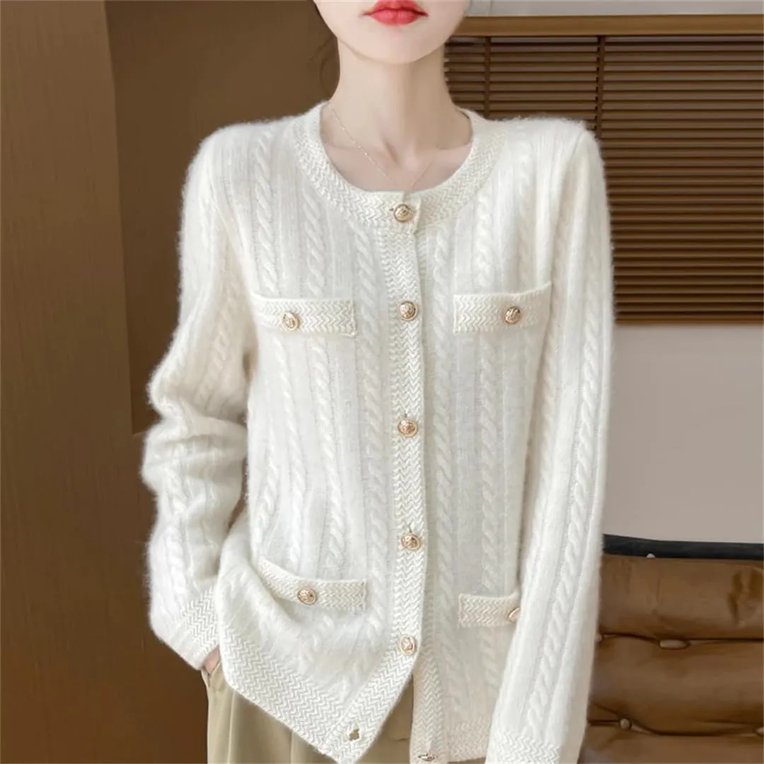 Women's Single Breasted Wool Cardigan Casual Round Neck Cardigan Cable Knit Sweater