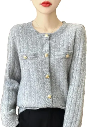 Women's Single Breasted Wool Cardigan Casual Round Neck Cardigan Cable Knit Sweater