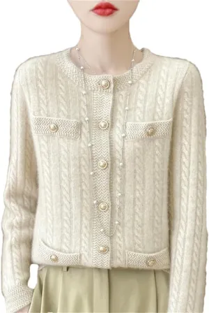 Women's Single Breasted Wool Cardigan Casual Round Neck Cardigan Cable Knit Sweater