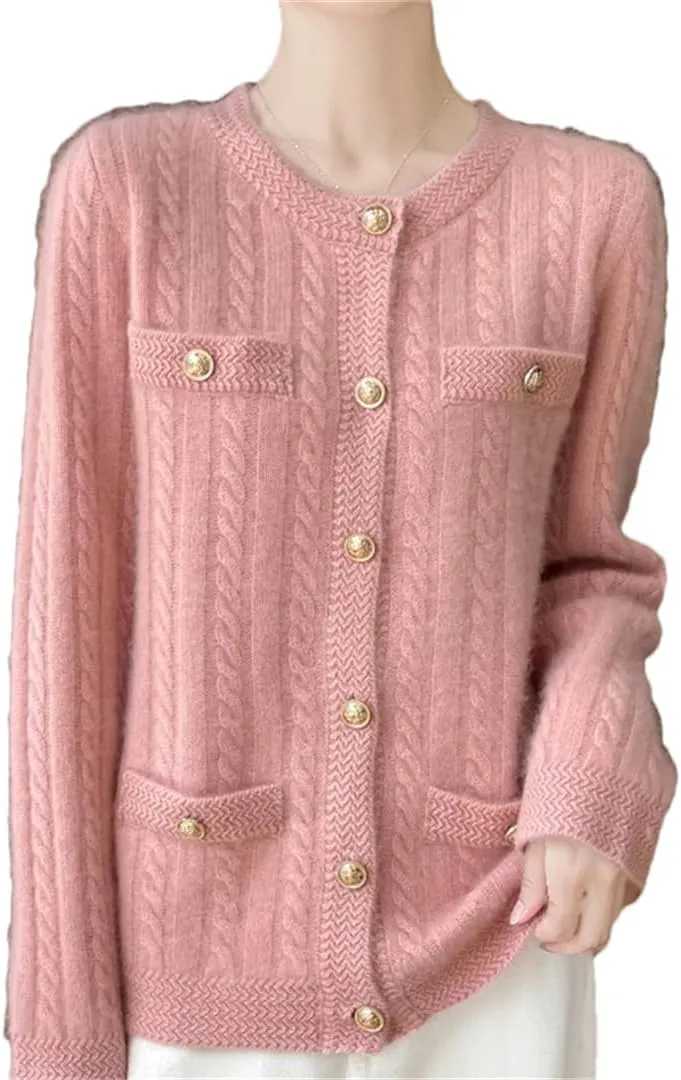 Women's Single Breasted Wool Cardigan Casual Round Neck Cardigan Cable Knit Sweater