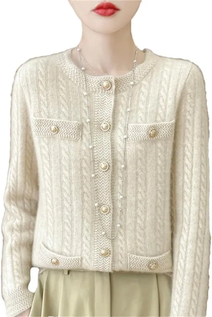 Women's Single Breasted Wool Cardigan Casual Round Neck Cardigan Cable Knit Sweater