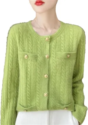 Women's Single Breasted Wool Cardigan Casual Round Neck Cardigan Cable Knit Sweater