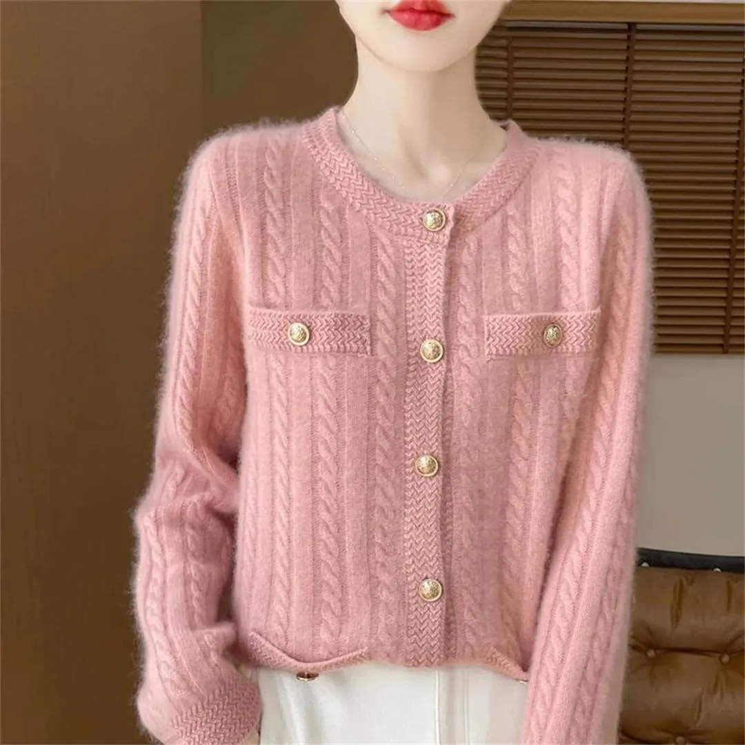 Women's Single Breasted Wool Cardigan Casual Round Neck Cardigan Cable Knit Sweater