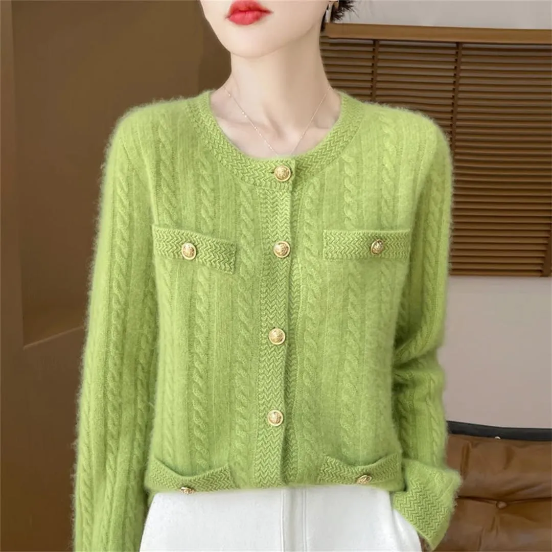 Women's Single Breasted Wool Cardigan Casual Round Neck Cardigan Cable Knit Sweater