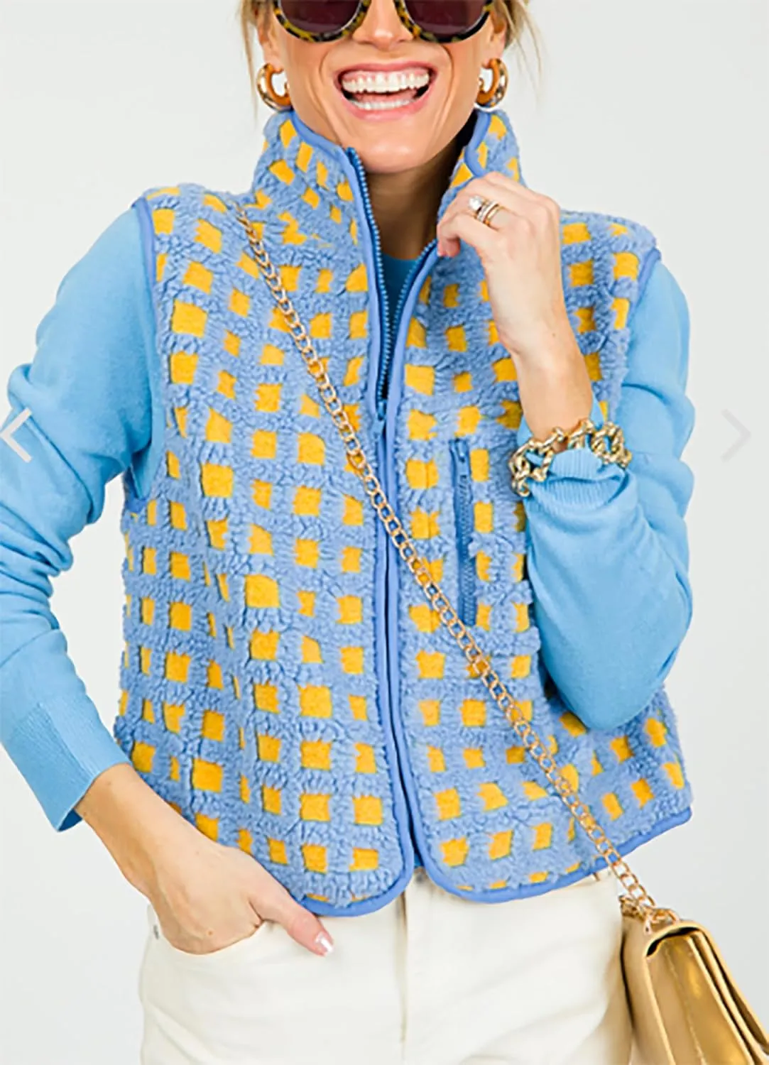 Womens Sleeveless Checkered Sherpa Vest with Pocket Zip Up Fleece Crochet Collar for Style Comfort
