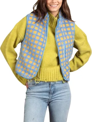 Womens Sleeveless Checkered Sherpa Vest with Pocket Zip Up Fleece Crochet Collar for Style Comfort