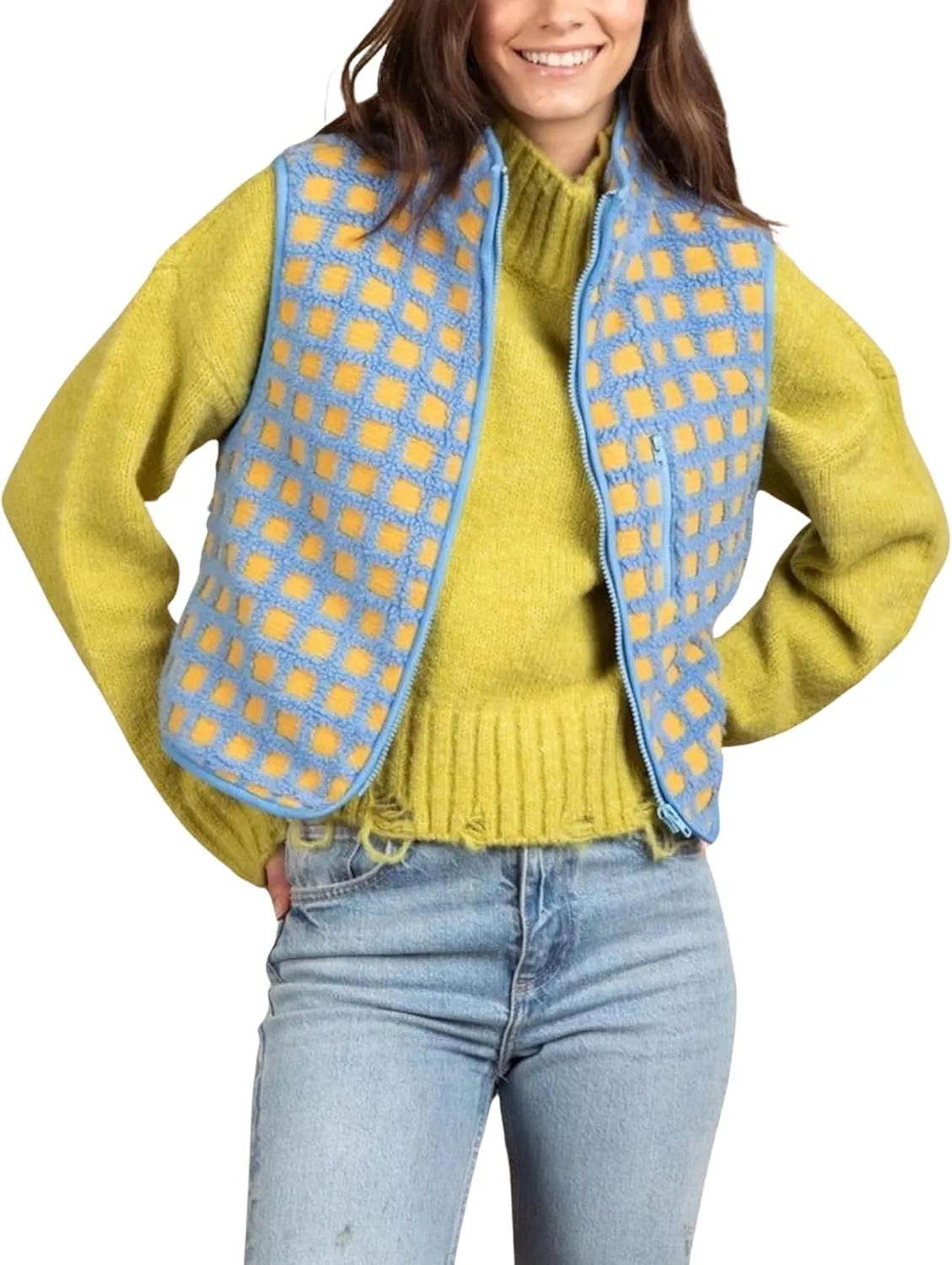 Womens Sleeveless Checkered Sherpa Vest with Pocket Zip Up Fleece Crochet Collar for Style Comfort