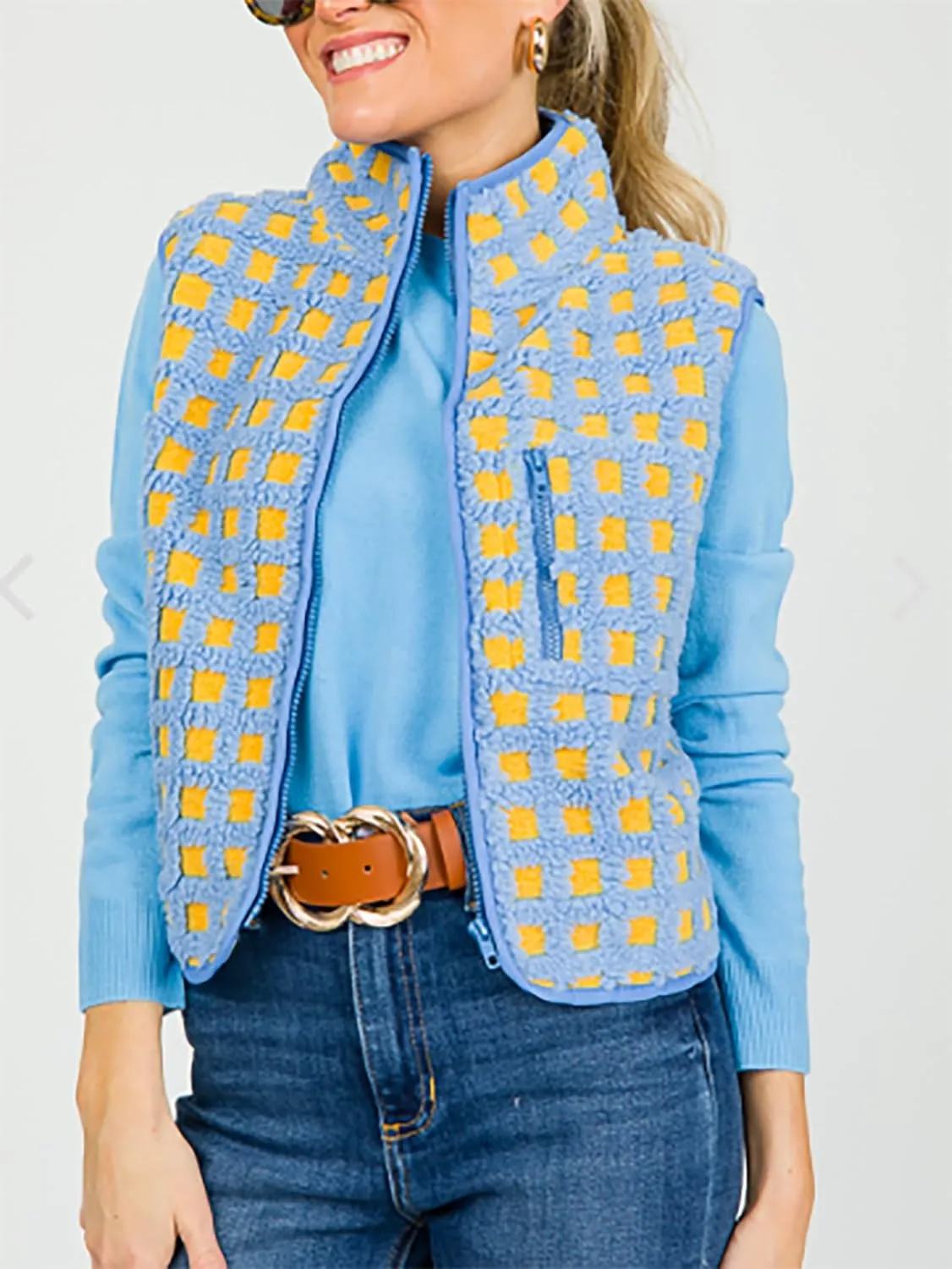 Womens Sleeveless Checkered Sherpa Vest with Pocket Zip Up Fleece Crochet Collar for Style Comfort