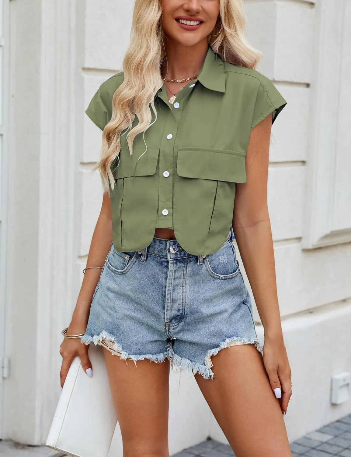 Womens Sleeveless Cropped Short Button Down Shirt Lapel Collared Loose Cap Sleeve Blouses Tops Vest with Pockets