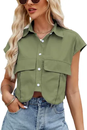Womens Sleeveless Cropped Short Button Down Shirt Lapel Collared Loose Cap Sleeve Blouses Tops Vest with Pockets