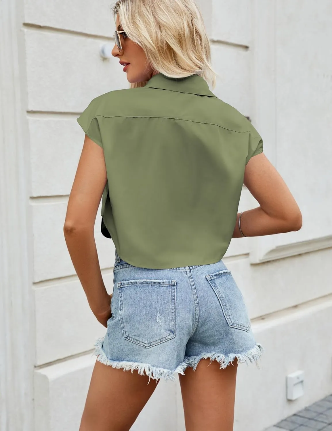Womens Sleeveless Cropped Short Button Down Shirt Lapel Collared Loose Cap Sleeve Blouses Tops Vest with Pockets