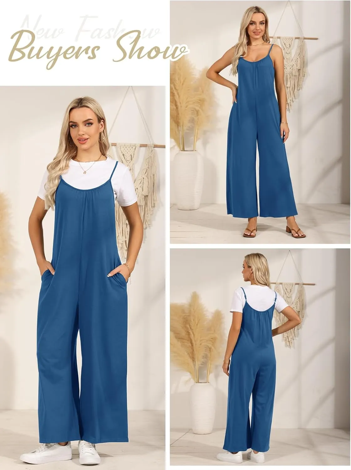 Womens Sleeveless Jumpsuit Spaghetti Strap Wide Leg Summer Casual Loose Long Pants Stretchy Romper With Pockets