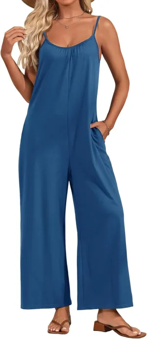 Womens Sleeveless Jumpsuit Spaghetti Strap Wide Leg Summer Casual Loose Long Pants Stretchy Romper With Pockets