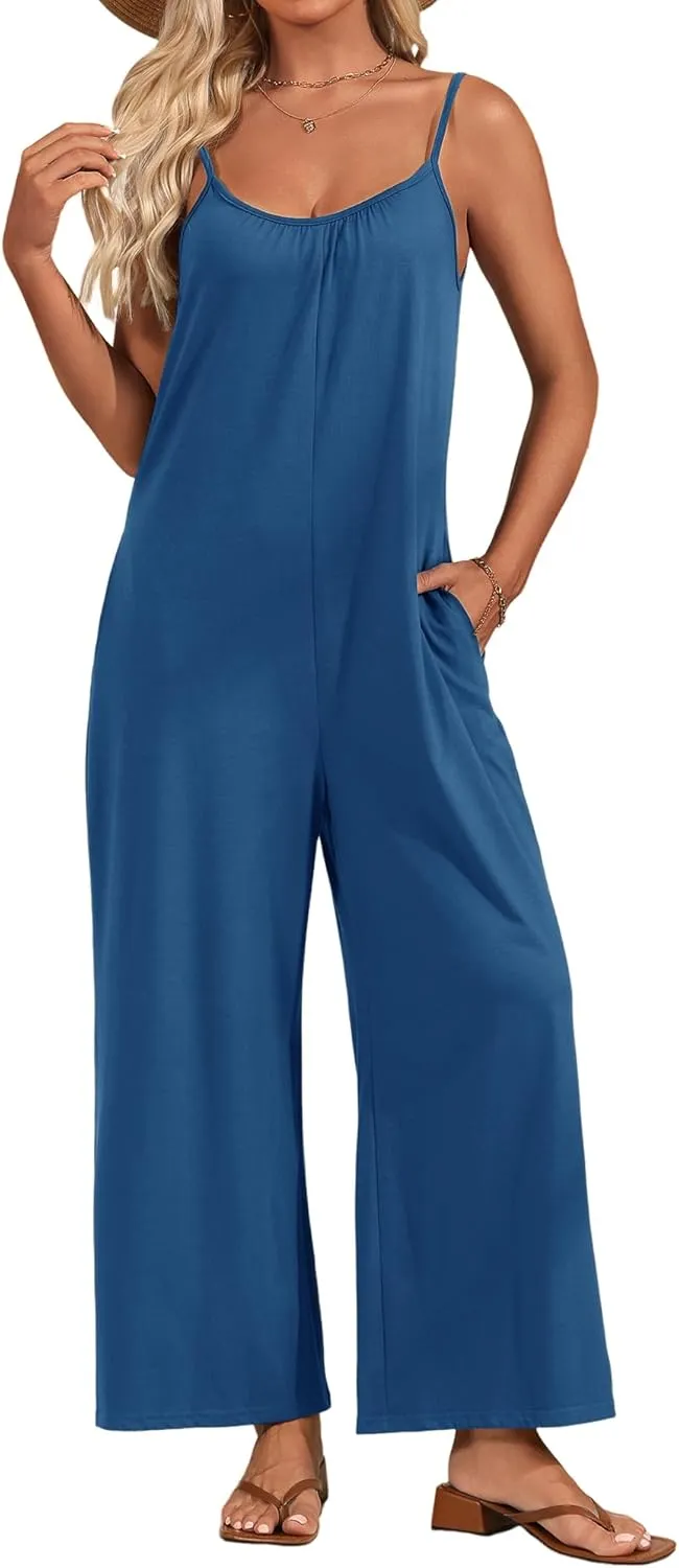 Womens Sleeveless Jumpsuit Spaghetti Strap Wide Leg Summer Casual Loose Long Pants Stretchy Romper With Pockets
