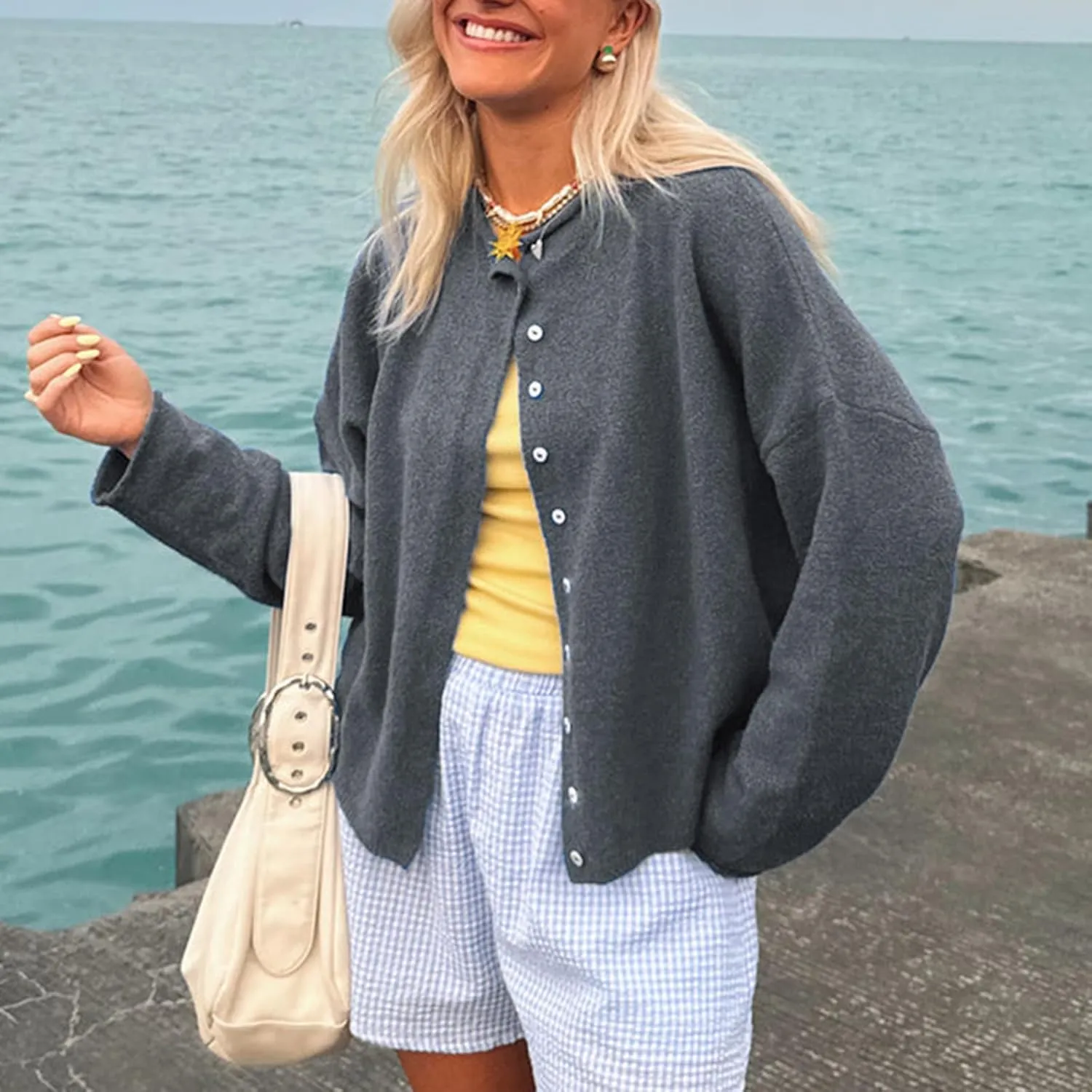 Women's Solid Color Fuzzy Knit Cardigan Long Sleeve Round Neck Sweaters Front Button Closure Rolled Hem Kniwear