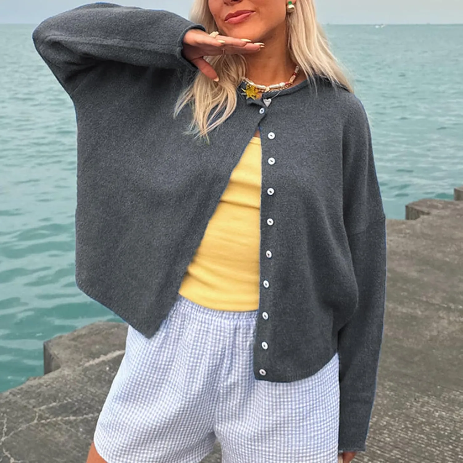 Women's Solid Color Fuzzy Knit Cardigan Long Sleeve Round Neck Sweaters Front Button Closure Rolled Hem Kniwear