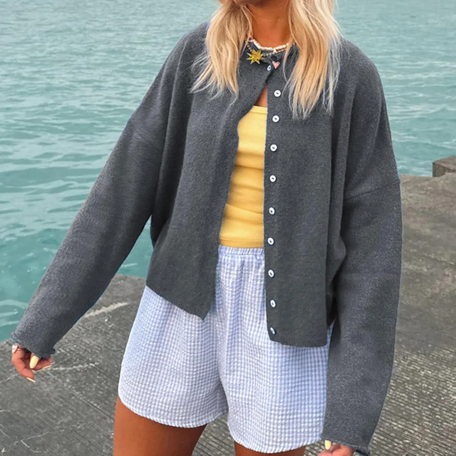 Women's Solid Color Fuzzy Knit Cardigan Long Sleeve Round Neck Sweaters Front Button Closure Rolled Hem Kniwear