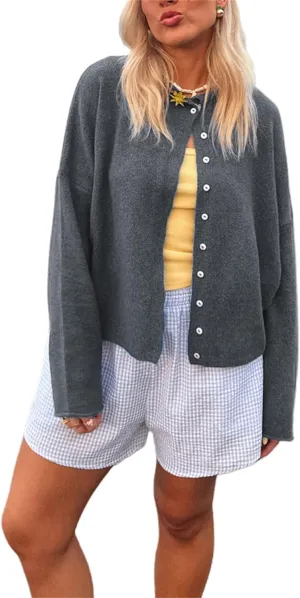 Women's Solid Color Fuzzy Knit Cardigan Long Sleeve Round Neck Sweaters Front Button Closure Rolled Hem Kniwear