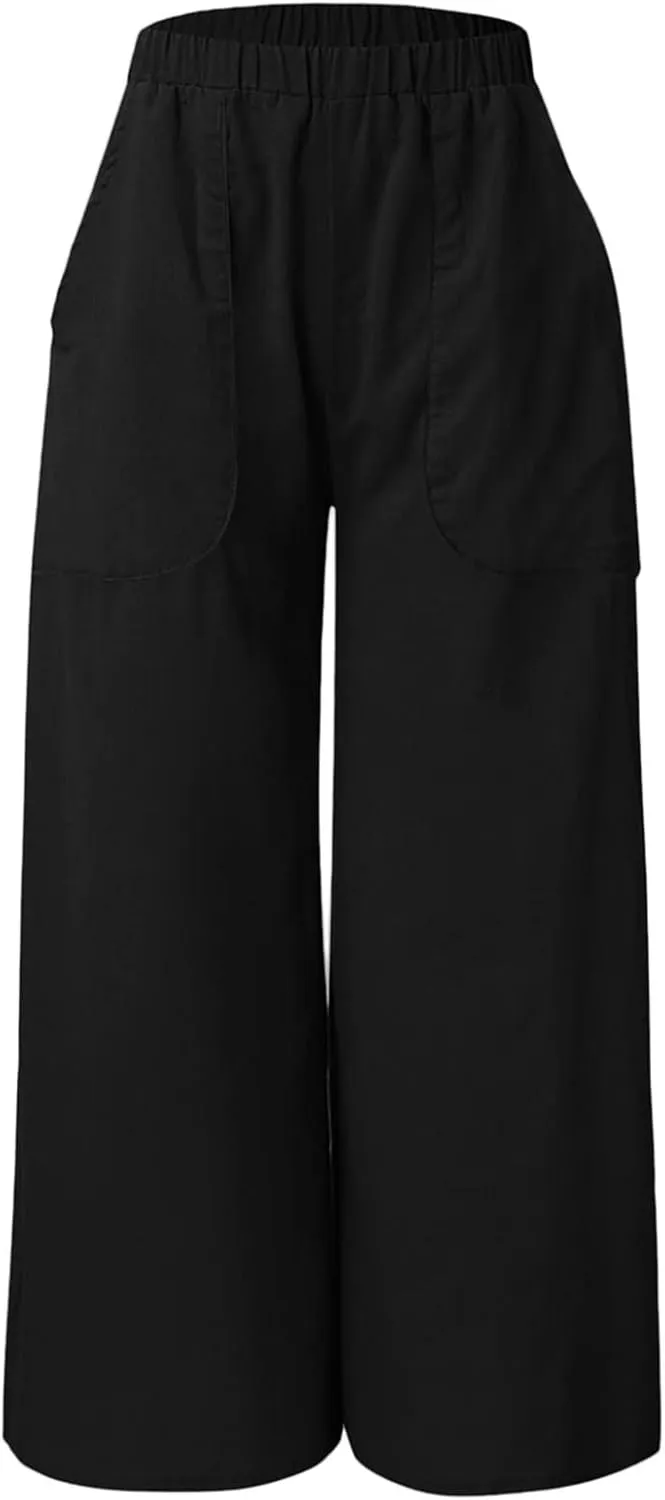 Women's Spring Summer Pant Fashionable Cotton Linen Baggy Pants Wide Legged Pocket Casual Pant Trouser