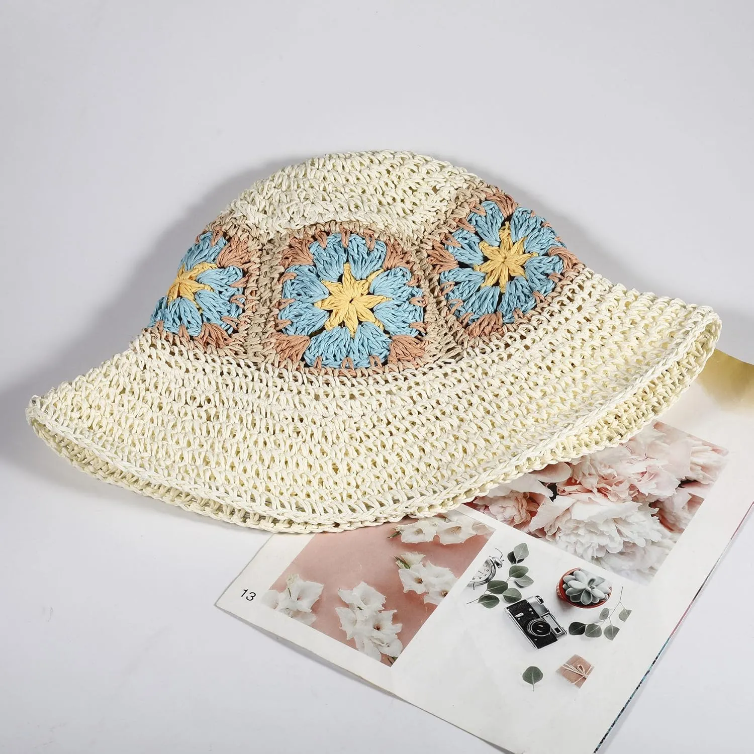 Womens Straw Bucket Hat for Women Handmade Floral Foldable Floppy Beach Hat Travel Straw Hat