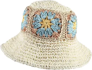 Womens Straw Bucket Hat for Women Handmade Floral Foldable Floppy Beach Hat Travel Straw Hat