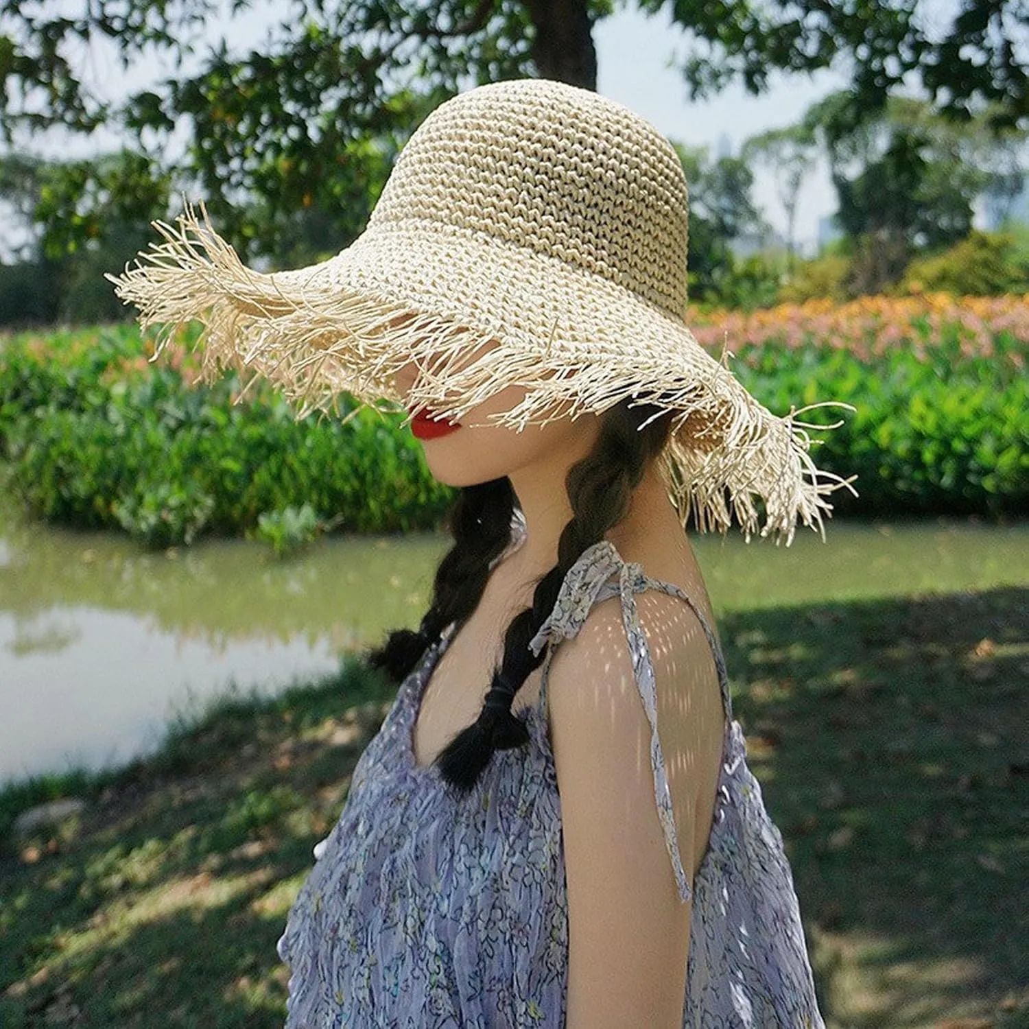 Womens Straw Bucket Hat for Women Handmade Floral Foldable Floppy Beach Hat Travel Straw Hat