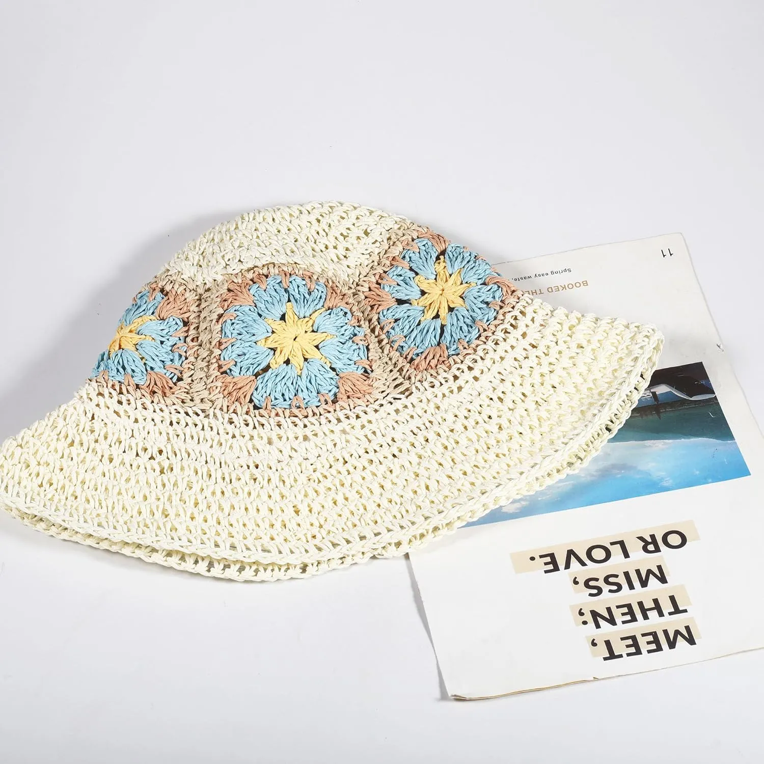 Womens Straw Bucket Hat for Women Handmade Floral Foldable Floppy Beach Hat Travel Straw Hat
