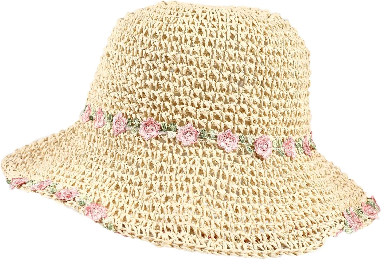 Womens Straw Bucket Hat for Women Handmade Floral Foldable Floppy Beach Hat Travel Straw Hat