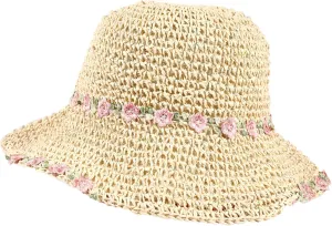 Womens Straw Bucket Hat for Women Handmade Floral Foldable Floppy Beach Hat Travel Straw Hat