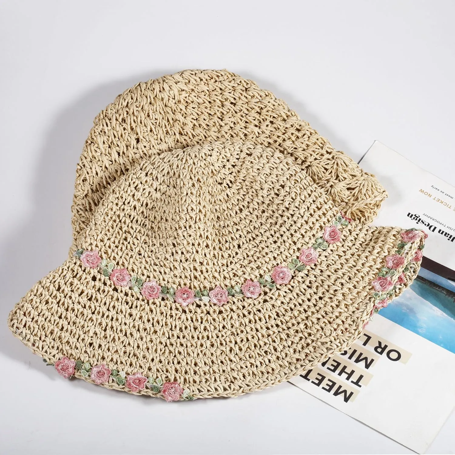 Womens Straw Bucket Hat for Women Handmade Floral Foldable Floppy Beach Hat Travel Straw Hat