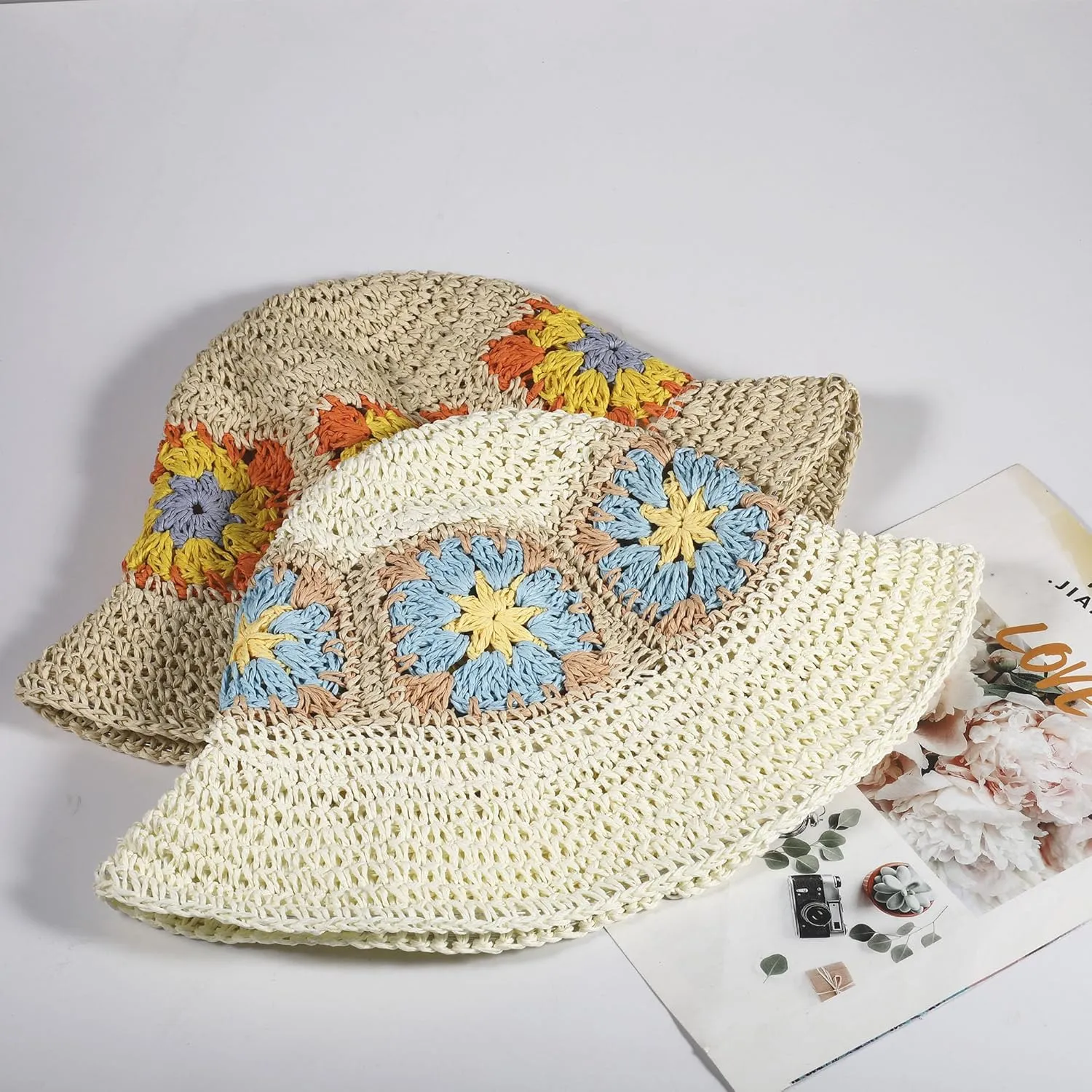 Womens Straw Bucket Hat for Women Handmade Floral Foldable Floppy Beach Hat Travel Straw Hat