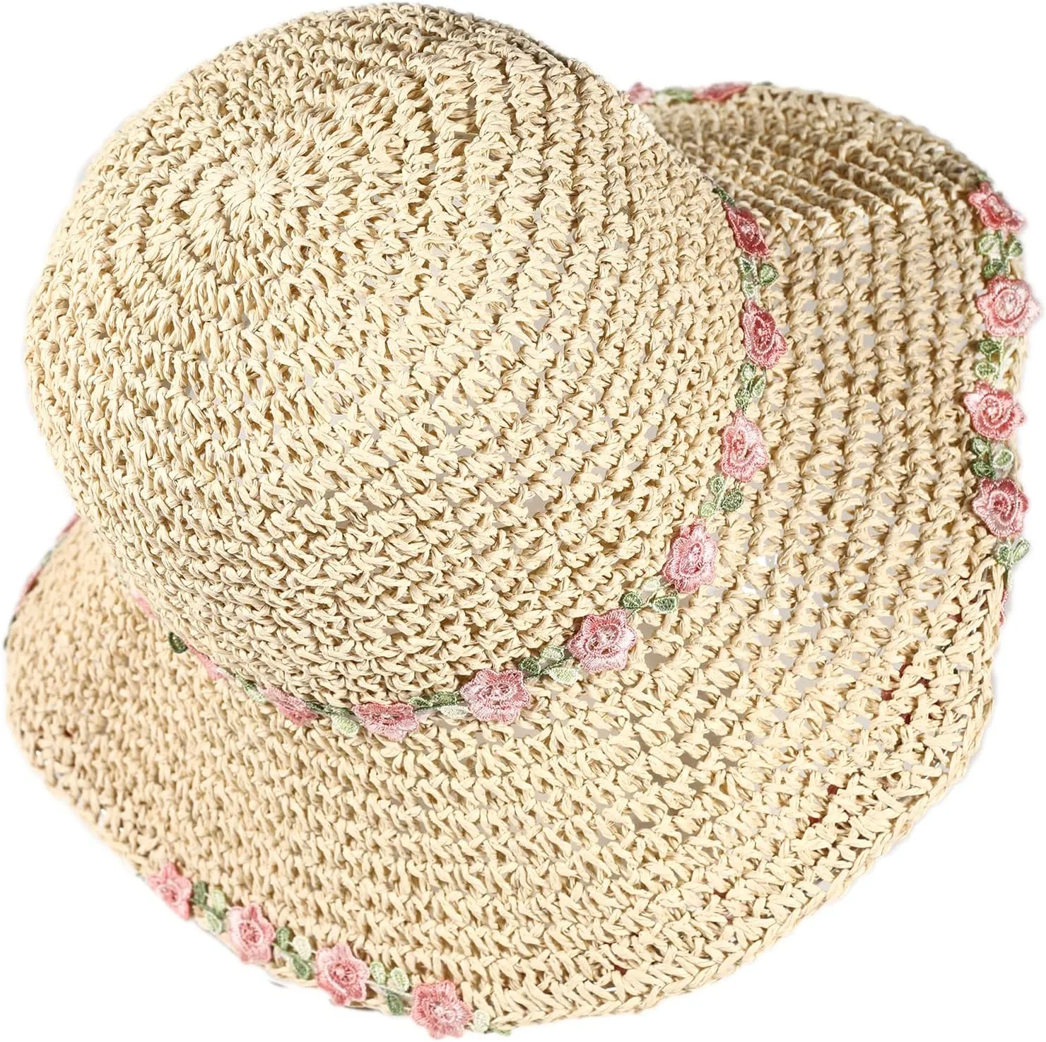 Womens Straw Bucket Hat for Women Handmade Floral Foldable Floppy Beach Hat Travel Straw Hat