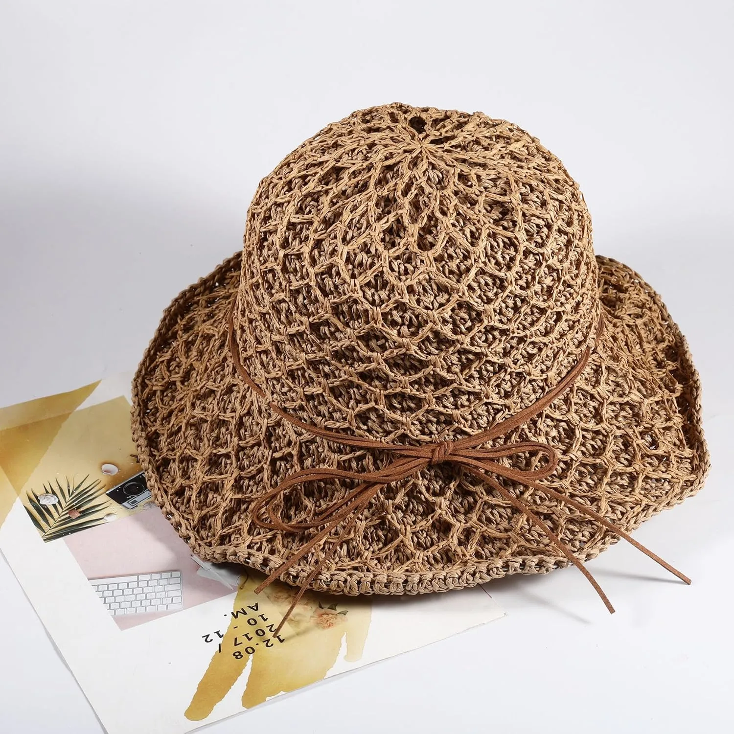 Womens Straw Bucket Hat for Women Handmade Floral Foldable Floppy Beach Hat Travel Straw Hat