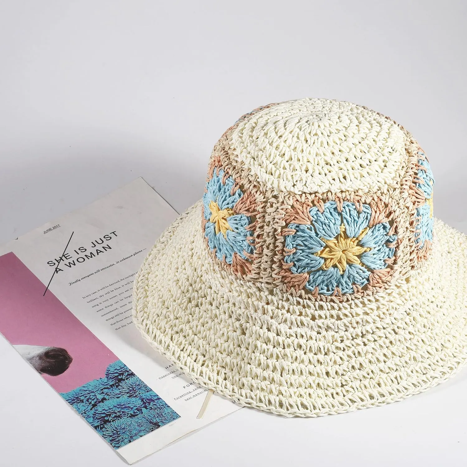 Womens Straw Bucket Hat for Women Handmade Floral Foldable Floppy Beach Hat Travel Straw Hat