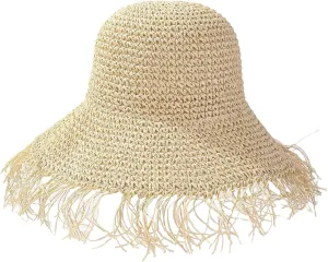 Womens Straw Bucket Hat for Women Handmade Floral Foldable Floppy Beach Hat Travel Straw Hat