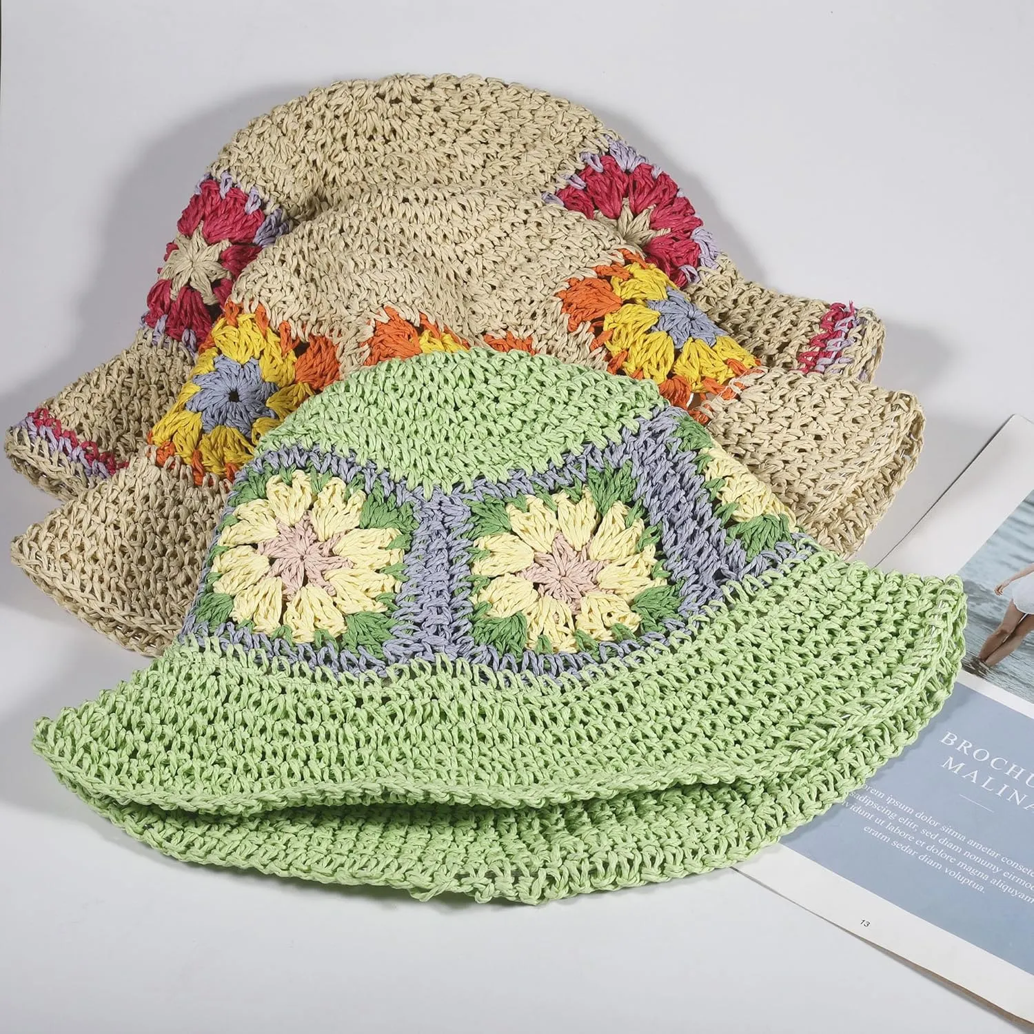 Womens Straw Bucket Hat for Women Handmade Floral Foldable Floppy Beach Hat Travel Straw Hat