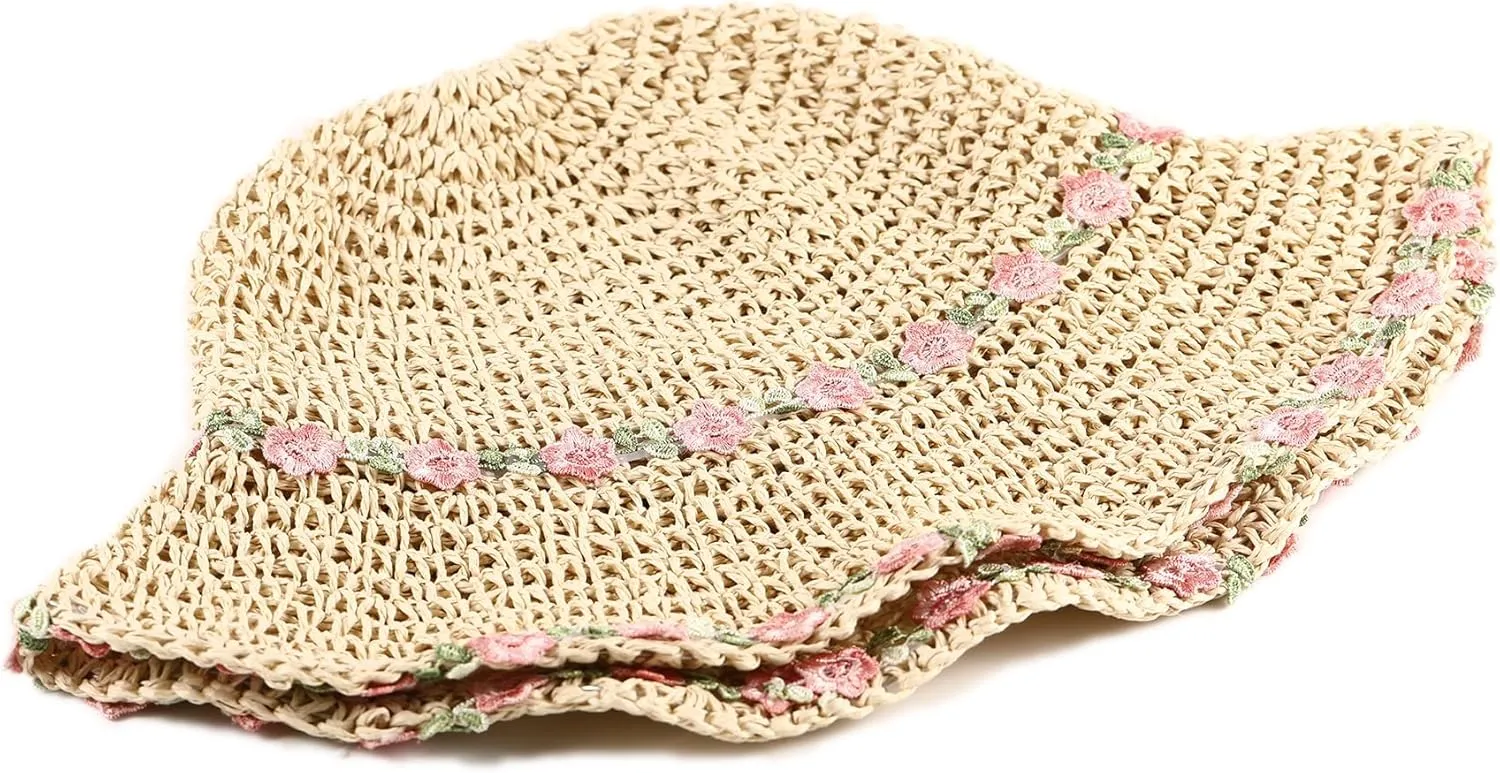 Womens Straw Bucket Hat for Women Handmade Floral Foldable Floppy Beach Hat Travel Straw Hat