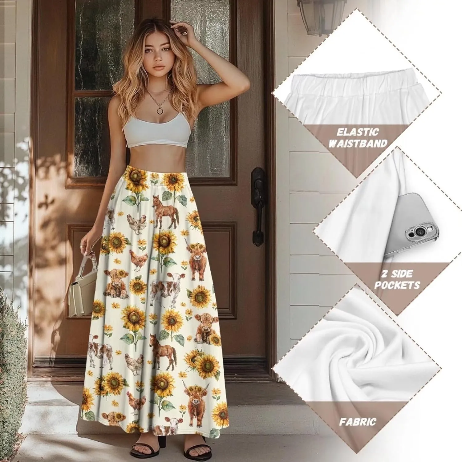Women's Styleish Flare Long Maxi Skirt Pleated Elastic High Waist A-Line Boho Skirts Flowy Swing Midi Long Skirt with Pockets