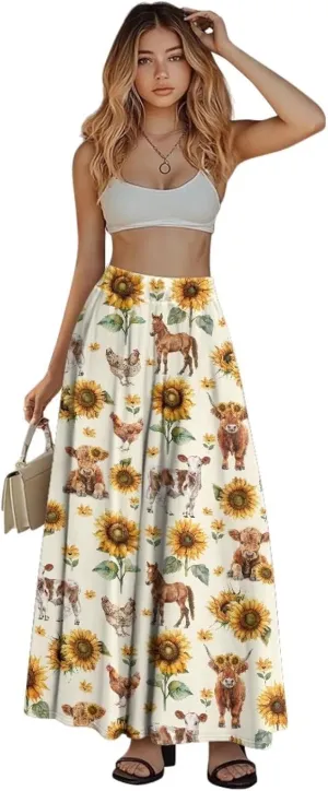 Women's Styleish Flare Long Maxi Skirt Pleated Elastic High Waist A-Line Boho Skirts Flowy Swing Midi Long Skirt with Pockets