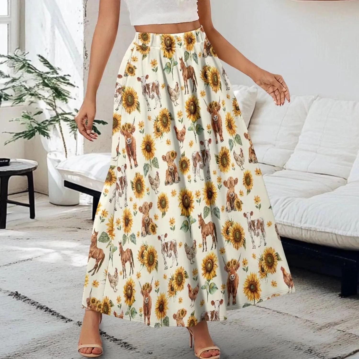 Women's Styleish Flare Long Maxi Skirt Pleated Elastic High Waist A-Line Boho Skirts Flowy Swing Midi Long Skirt with Pockets