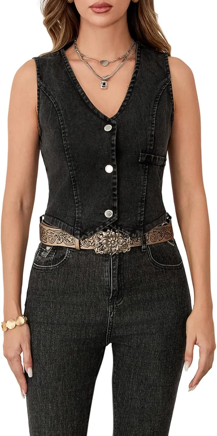 Women's Summer Denim Tank Tops Solid Color Sleeveless V-Neck Button Front Slim Vest Waistcoat Jackets