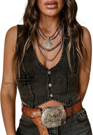 Women's Summer Denim Tank Tops Solid Color Sleeveless V-Neck Button Front Slim Vest Waistcoat Jackets