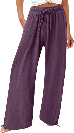 Women's Summer Solid Cotton Linen Drawstring Elastic High Waist Pants Wide Leg Palazzo Trousers